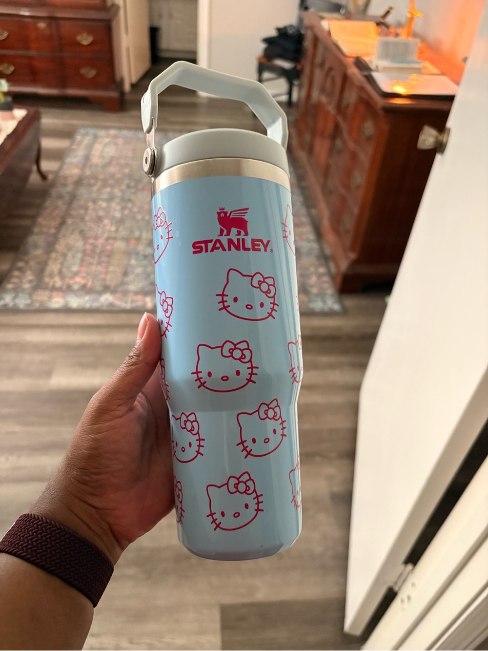 Stanley Light Blue Hello Kitty Pink Print Travel Tumbler